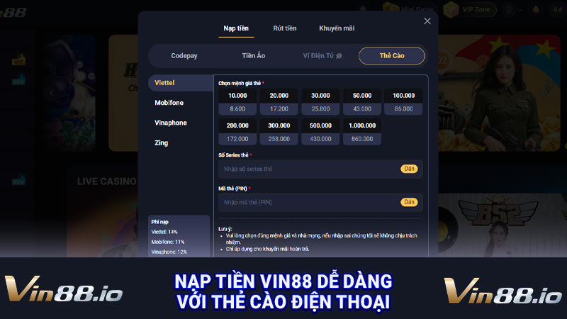 Nạp tiền Vin88 dễ dàng với thẻ cào điện thoại